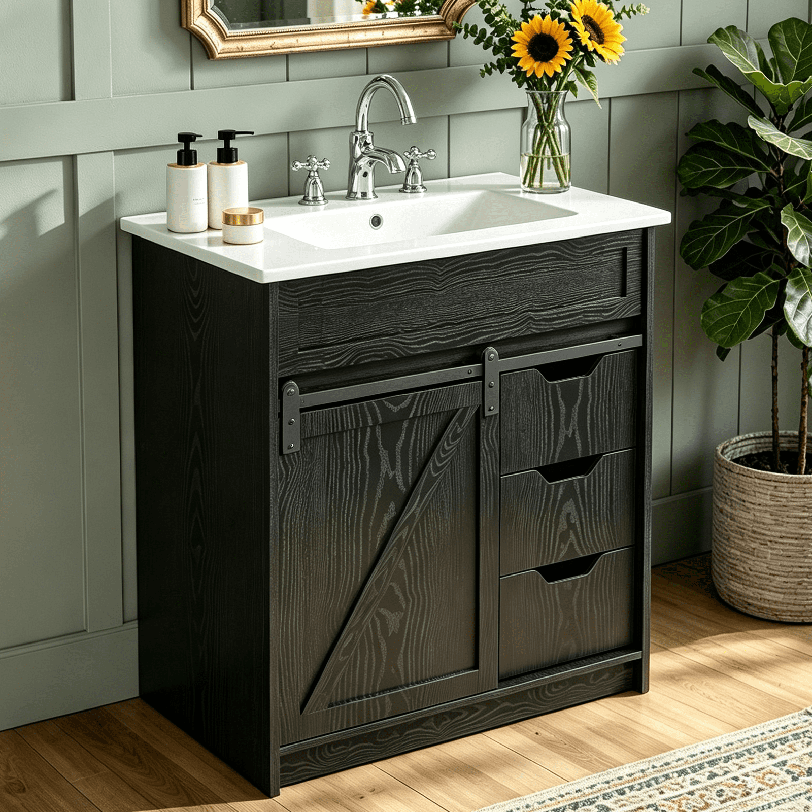 EVOKEDEN 30" Bathroom Vanity with Sink, Bathroom Storage Cabinet with Sliding Barn Door, Black