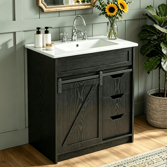 EVOKEDEN 30" Bathroom Vanity with Sink, Bathroom Storage Cabinet with Sliding Barn Door, Black