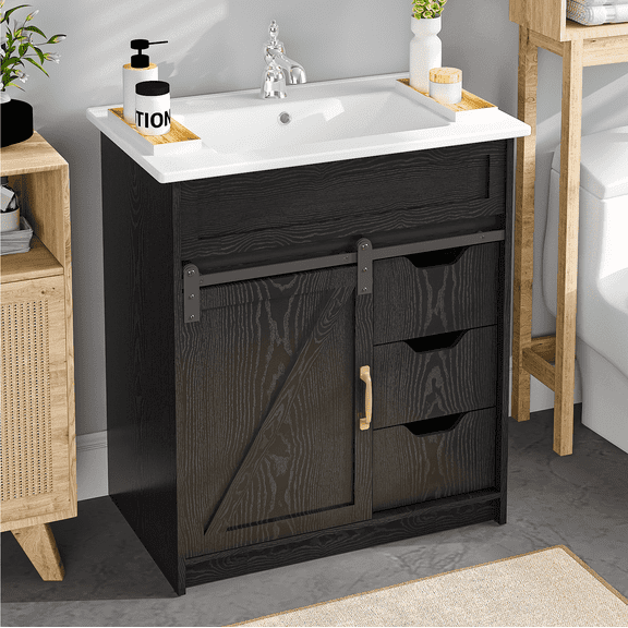 EVOKEDEN 30" Bathroom Vanity with Sink, Bathroom Storage Cabinet with Sliding Barn Door, Farmhouse Bathroom Cabinet with 3 Drawers, Black