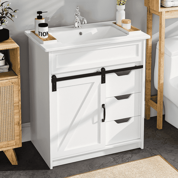 EVOKEDEN 30" Bathroom Vanity with Sink, Bathroom Storage Cabinet with Sliding Barn Door, Farmhouse Bathroom Cabinet with 3 Drawers, White