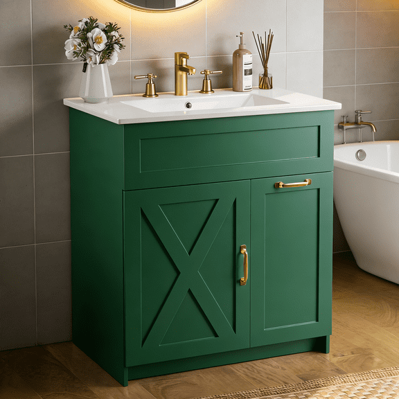 EVOKEDEN 30" Bathroom Vanity with Sink, Solid Wood Frame Bathroom Cabinet Set, Featuring 2 Power Outlets, 2 USB Ports, a Switch Button, 2 Drawers, Soft-Close Doors with Organizers, Green