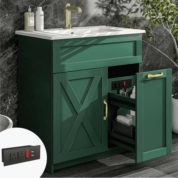 EVOKEDEN 30" Bathroom Vanity with Sink, Solid Wood Frame Bathroom Cabinet Set, Featuring 2 Power Outlets, 2 USB Ports, a Switch Button, 2 Drawers, Soft-Close Doors with Organizers, Green