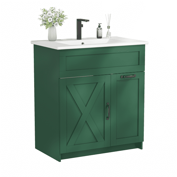 EVOKEDEN 30" Bathroom Vanity w/ Vintage Bathroom Cabinet Freestanding Bathroom Vanities w/ Metal Handle Green