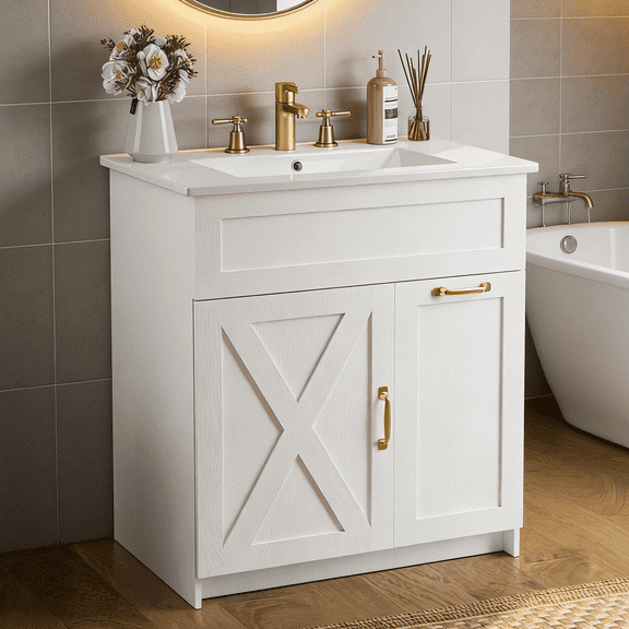 EVOKEDEN 30" Bathroom Vanity with Sink, Solid Wood Frame Bathroom Cabinet Set, Featuring 2 Power Outlets, 2 USB Ports, a Switch Button, 2 Drawers, Soft-Close Doors with Organizers, White