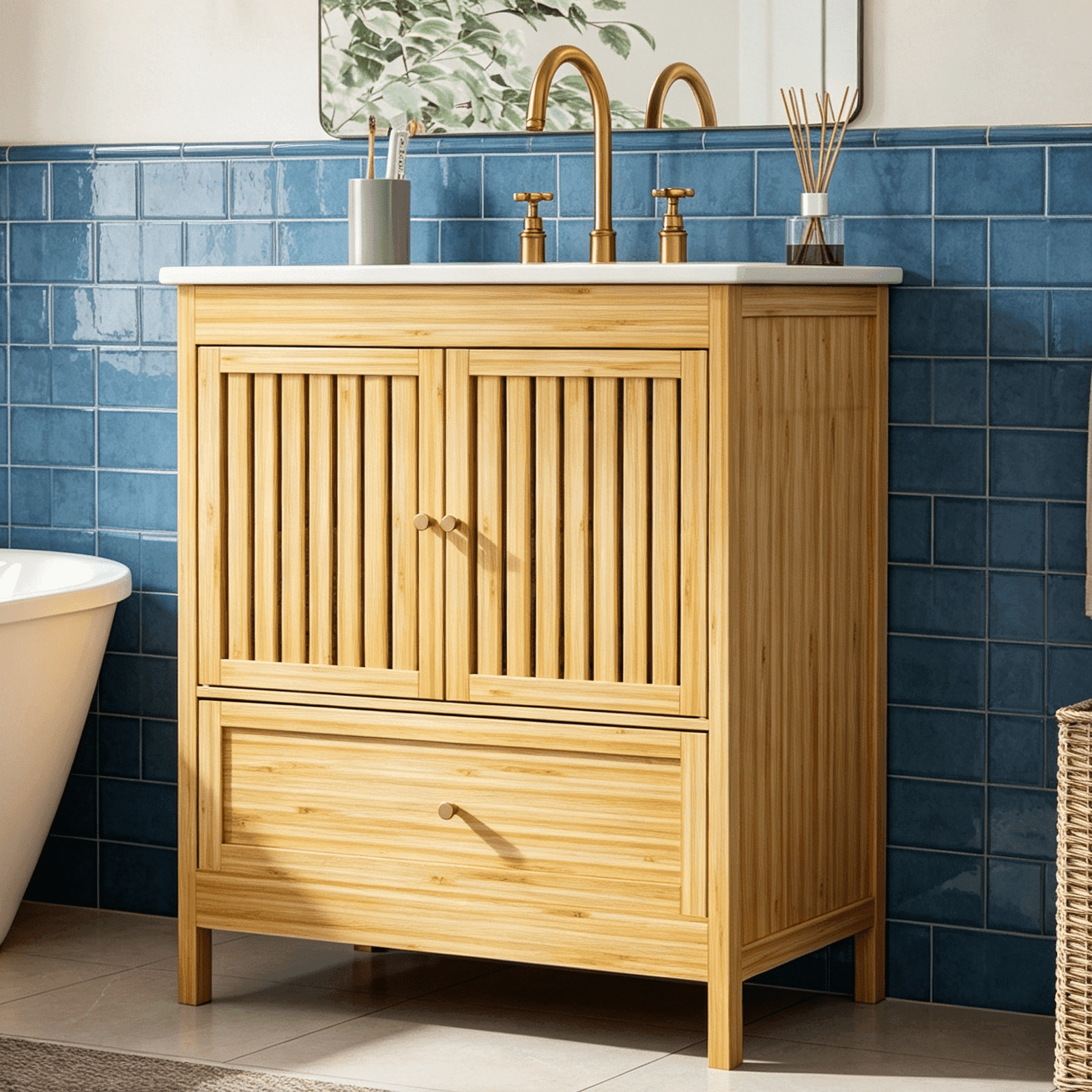 EVOKEDEN 30" Bathroom Vanity with Single Sink, Farmhouse Bamboo Storage Cabinet with Large Drawer & Built-in Shelves