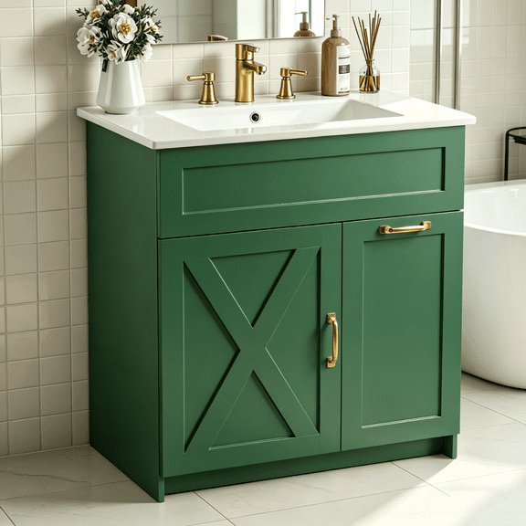 EVOKEDEN 30" Bathroom Vanity with Vintage Bathroom Cabinet Freestanding Bathroom Vanities with Metal Handle Green