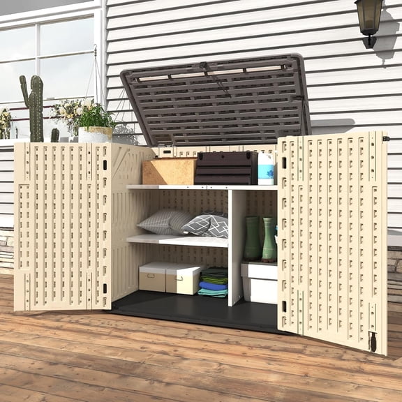 EVOKEDEN 30 Cu.Ft Outdoor Storage Shed, Multi-Purpose Weather-Resistant Utility Shed for Garbage Cans w/ Pad-Lockable Doors Khaki