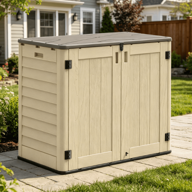 EVOKEDEN 30 Cu.Ft Outdoor Storage Shed, Multi-Purpose Weather-Resistant Utility Shed for Garbage Cans w/ Pad-Lockable Doors Khaki