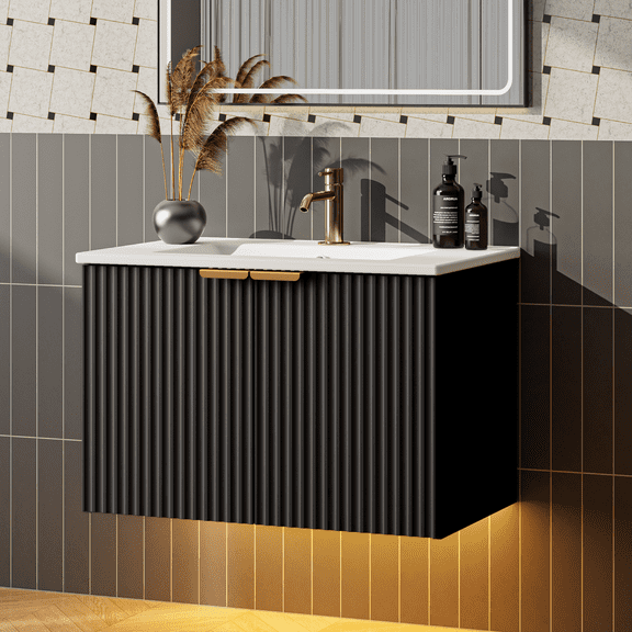EVOKEDEN 30" Wall Mounted Floating Vanity Cabinet w/ LED Light, Metal Handle & Double Soft-Close Doors, Black