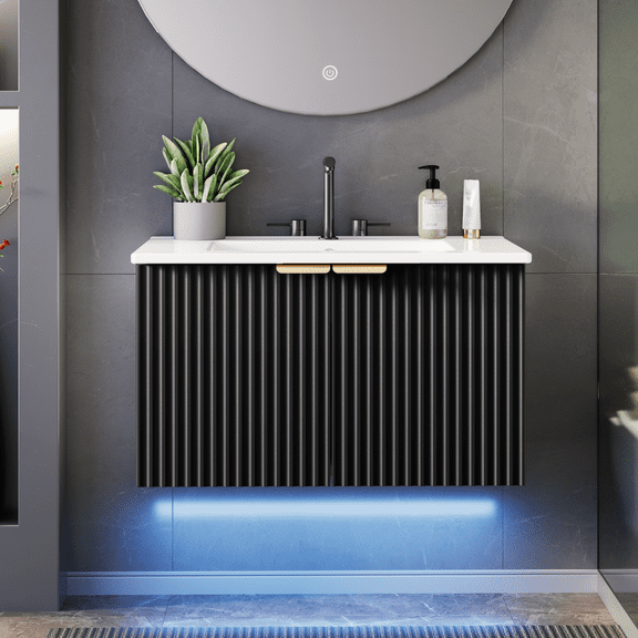 EVOKEDEN 30" Wall Mounted Floating Vanity Cabinet w/ LED Light, Metal Handle & Double Soft-Close Doors, Black