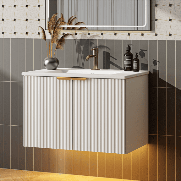EVOKEDEN 30" Wall Mounted Floating Vanity Cabinet w/ LED Light, Metal Handle & Double Soft-Close Doors, White