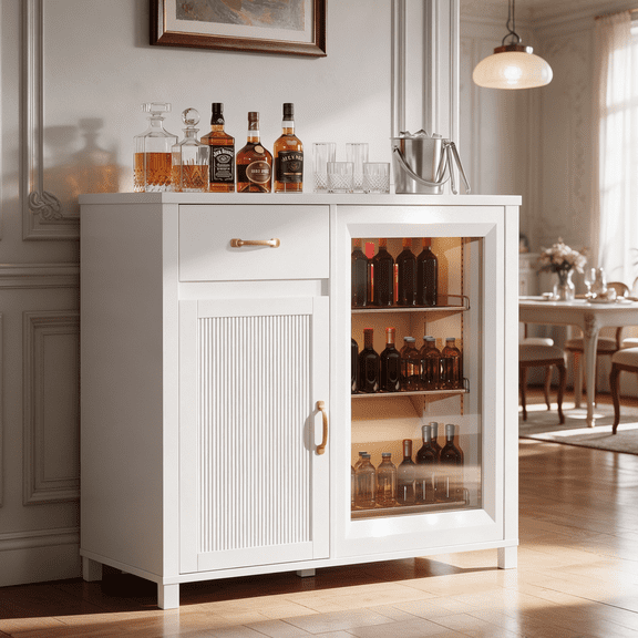 EVOKEDEN 39'' Wine Bar Cabinet with Fridge Space, Fluted Buffet Sideboard with Power Outlet, White