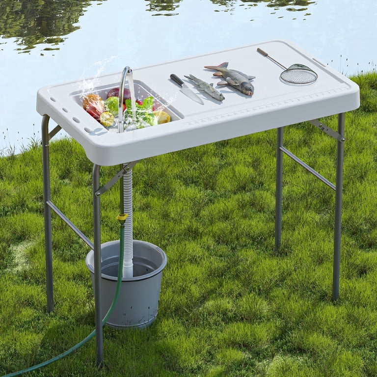 collapsible fish cleaning table Folding With Portable Sink, Faucet, Drainage Hose And Sprayer, Camping Fillet Station With Grid Rack And Knife Groove, Great For in Sink With Drain Plug Deluxe Fish Cleaning Camp Table