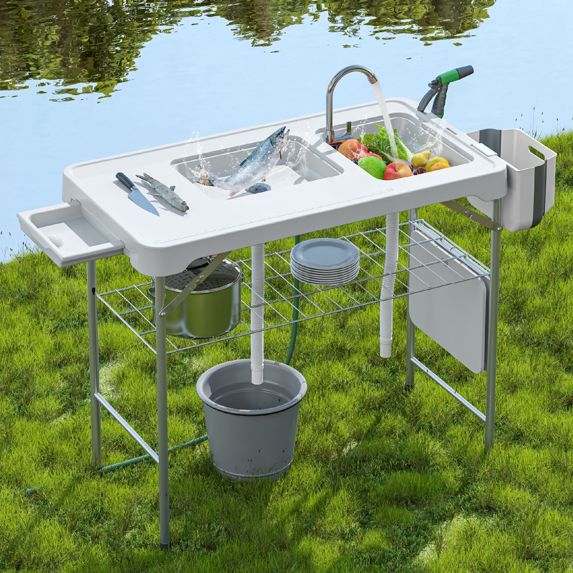deluxe fish cleaning camp table with faucet and accessories Collapsible White Sink Flexible Portable Outdoor Tool : Sports & Outdoors This table features a stainless steel faucet and spray nozzle for powerful cleaning Folding Fish Cleaning Table with