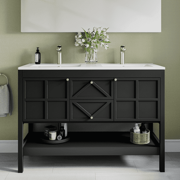 EVOKEDEN 48" Bathroom Vanity with Double Sink Combo, Undermount Sink Bathroom Storage Cabinet with 2 Drawers & 2 Soft-Close Doors, Freestanding Farmhouse Cabinet with Open Storage Shelf, Black