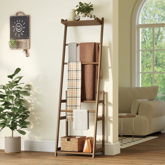 EVOKEDEN 7-Tier Free Standing Blanket Ladder, Bamboo Drying & Display Rack with Sturdy Tray, Walnut