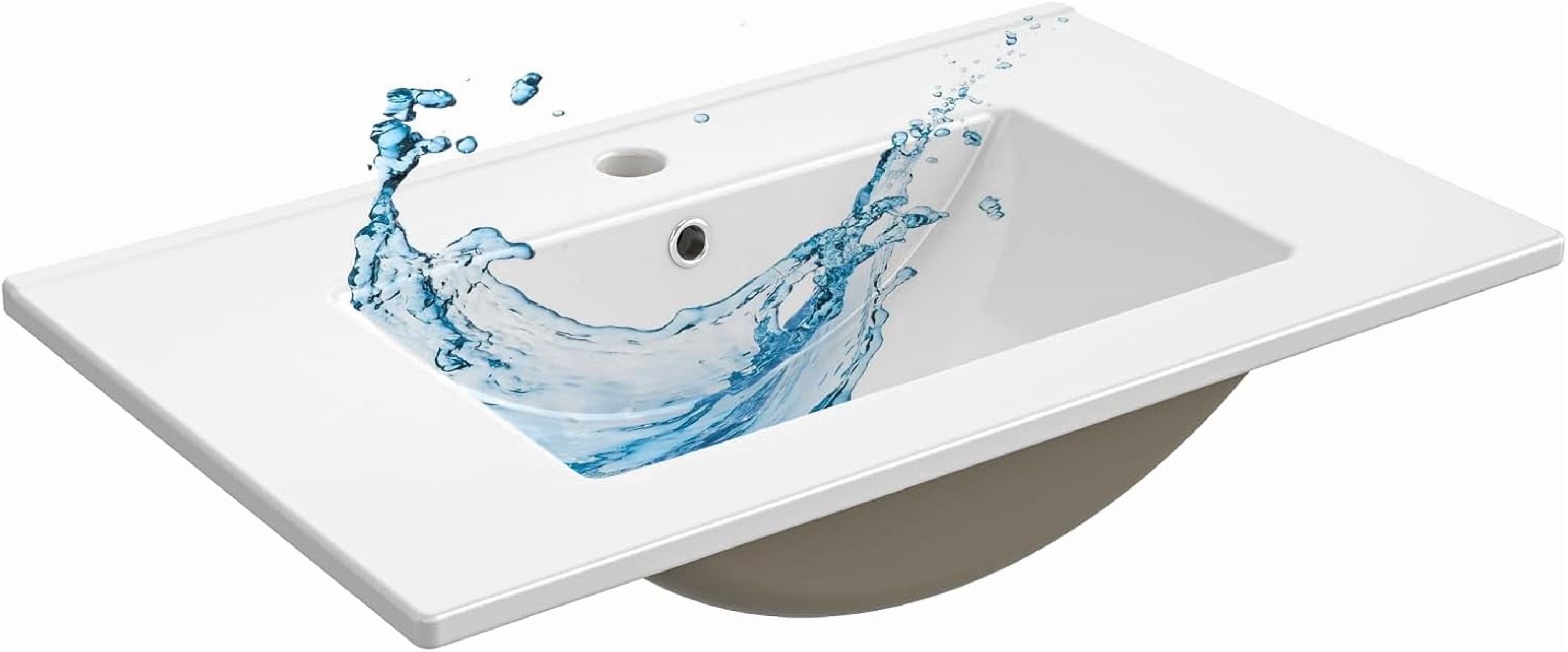 EVOKEDEN Bathroom Sink, Bathroom Counter Top 24'' x 18'', Rectangular Porcelain Ceramic Vanity Basin with Overflow, Single Sink Basin Vanity Top, Glossy White