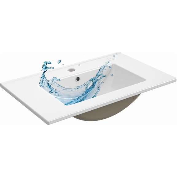 EVOKEDEN Bathroom Sink, Bathroom Counter Top 24'' x 18'', Rectangular Porcelain Ceramic Vanity Basin with Overflow, Single Sink Basin Vanity Top, Glossy White