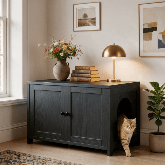 TIMHAKA Cat Litter Box Enclosure, Multi-Functional Hidden Cat Litter Box Furniture Cabinet, Black