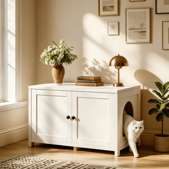 TIMHAKA Cat Litter Box Enclosure, Multi-Functional Hidden Cat Litter Box Furniture Cabinet, White