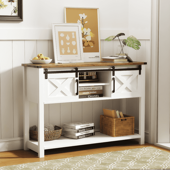 EVOKEDEN Farmhouse Entryway Table w/ LED Light & Sliding Barn Door, Adjustable Open Shelves, Antique White Hallway for Living Room Bedroom