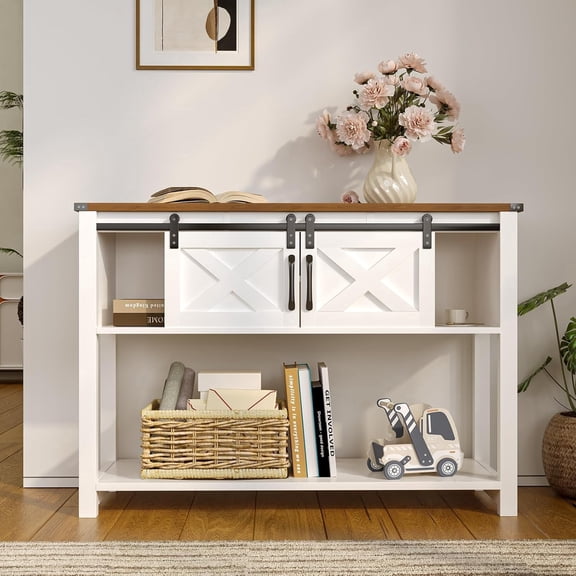 EVOKEDEN Farmhouse Entryway Table w/ LED Light & Sliding Barn Door, Adjustable Open Shelves, Antique White Hallway for Living Room Bedroom