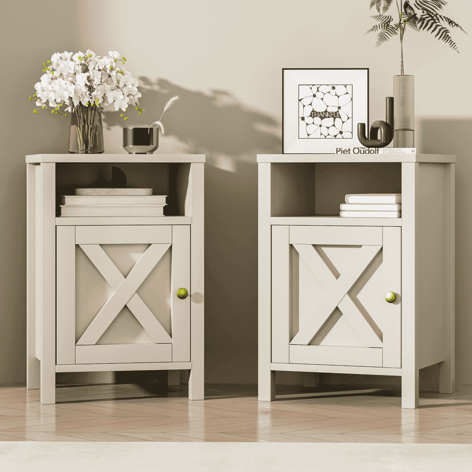 EVOKEDEN Farmhouse Nightstands Set of 2, Rustic Vintage Side End Table w/ Storage & Barn Door for Bedroom Living Room, Beige