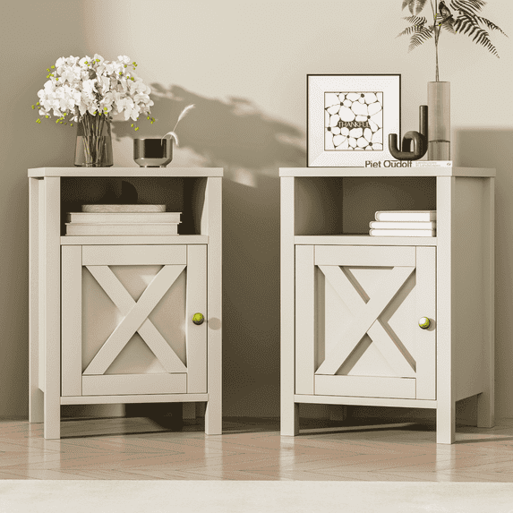 EVOKEDEN Farmhouse Nightstands Set of 2, Rustic Vintage Side End Table w/ Storage & Barn Door for Bedroom Living Room, Beige