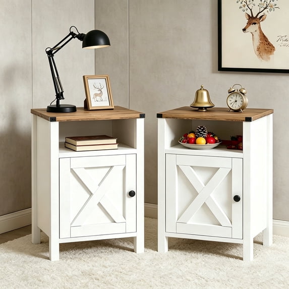 EVOKEDEN Farmhouse Nightstands Set of 2, Rustic Vintage Side End Table w/ Storage & Barn Door for Bedroom Living Room, White