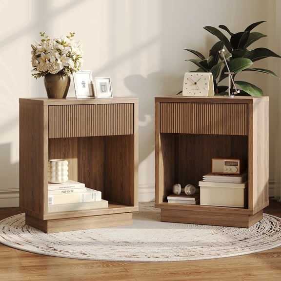 EVOKEDEN Fluted Nightstand Set of 2, Modern Bedside Table with Drawer, Walnut