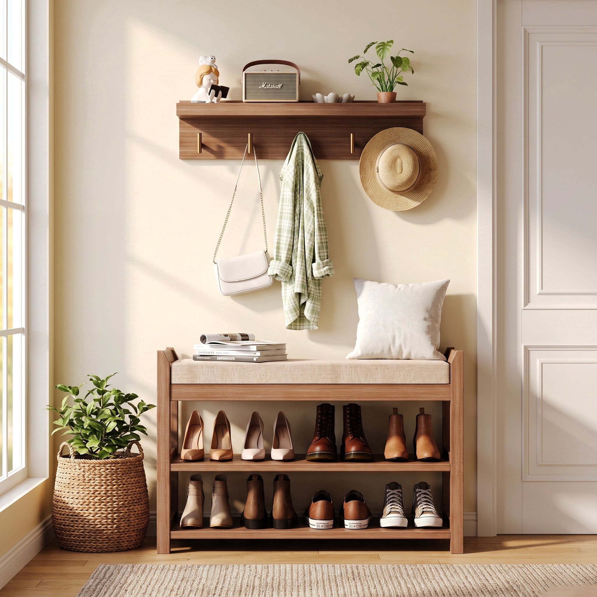 EVOKEDEN Hall Tree with Bench, Coat Rack Shoe Bench Set with Seat