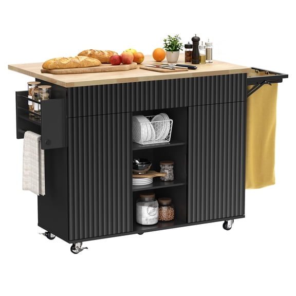 EVOKEDEN Kitchen Island w/ Drop Leaf, Rolling Kitchen Cart on Wheels w/ Removable Trash Bag, Storage Cabinet, Drawers & Spice Rack, Black