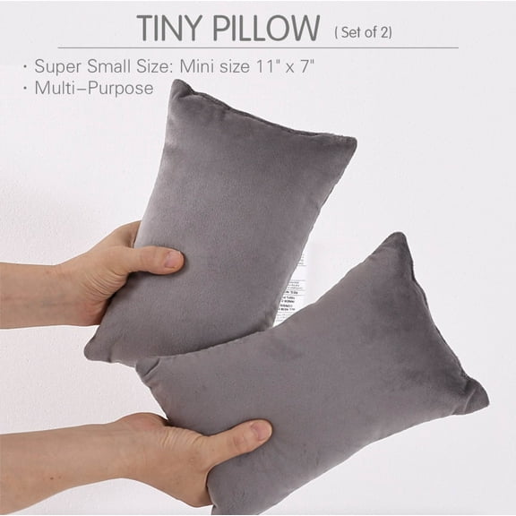 EVOLIVE Tiny Pillow, 2-Pack Gray Micromink Shell Mini Pillows, 11"x7" - Machine Washable, Lightweight, Breathable Multi-Purpose Travel Pillows for Neck, Back Support, Pet Use (Grey, 7"x11")