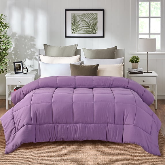 EVOLIVE All Season Pre Washed Soft Microfiber White Goose Down Alternative Comforter with Box Stitching (Lavender, Full/Queen)