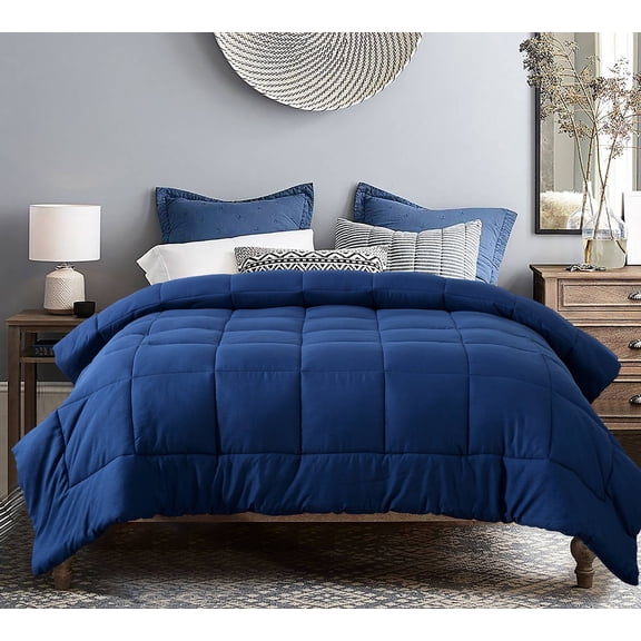 EVOLIVE All Season Pre Washed Soft Microfiber White Goose Down Alternative Comforter with Box Stitching (Navy, Full/Queen)