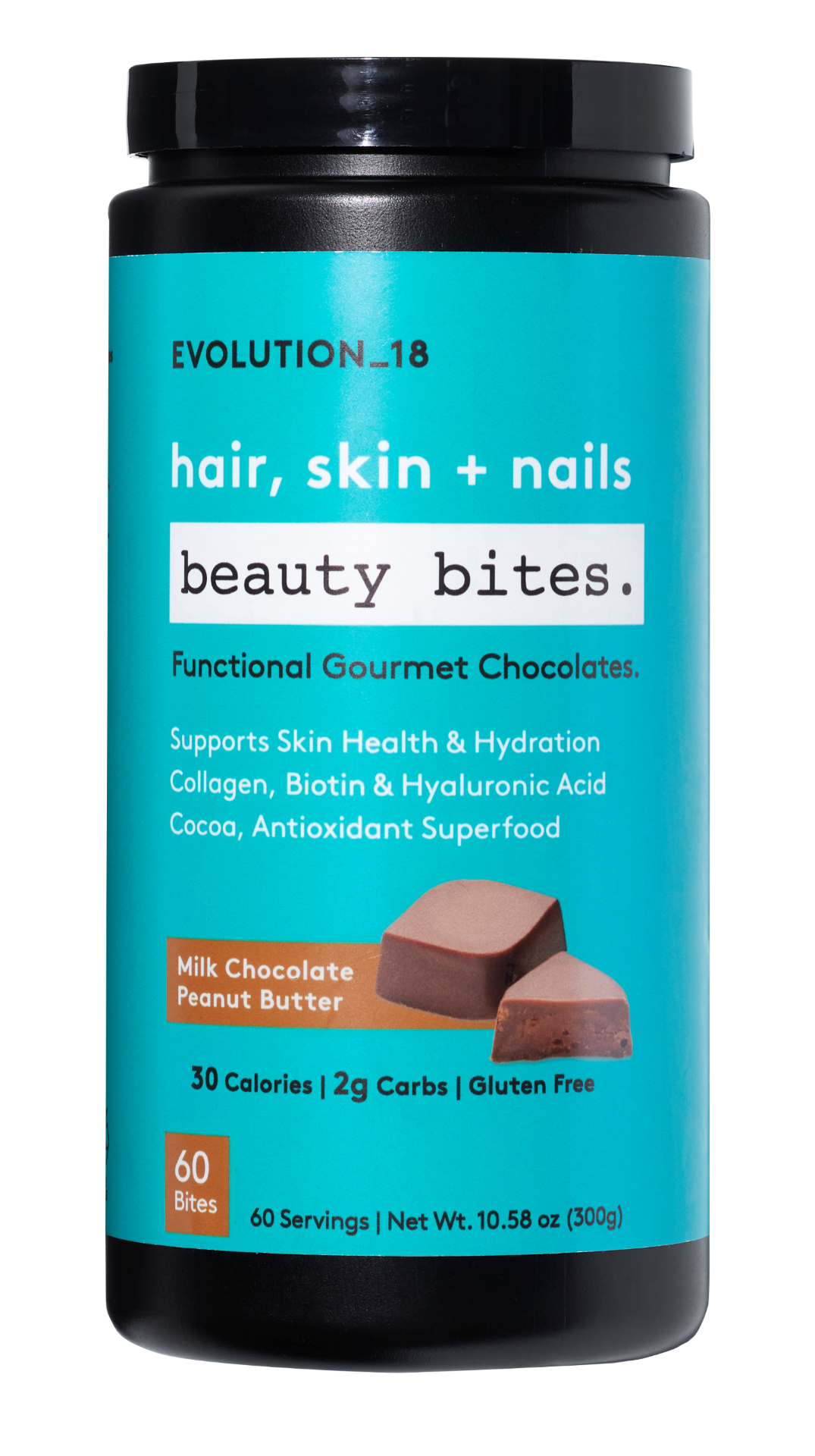 EVOLUTION_18 Beauty Bites, Chocolate Peanut Butter, Functional Gourmet Chocolates, Collagen, Biotin, Hyaluronic Acid, for Hair, Skin & Nails, 30 Calories, 60 count - image 1 of 10