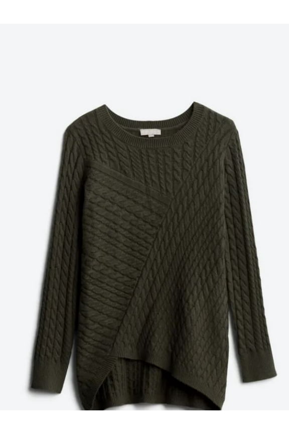 Women's Olive Cable Knit Asymmetric Hem Pullover, Small