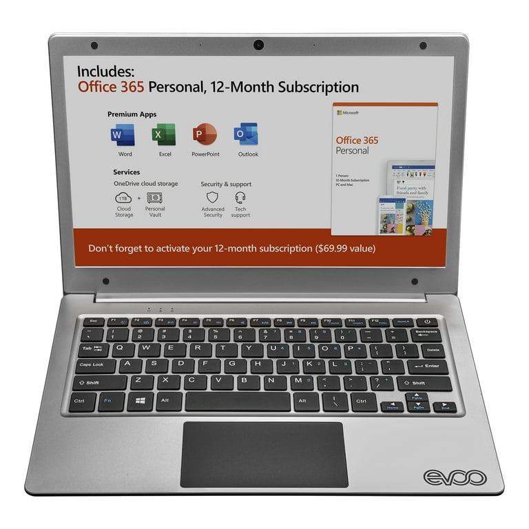 EVOO Ultra Thin Laptop, AMD A4-9120 Processor, 32GB Storage