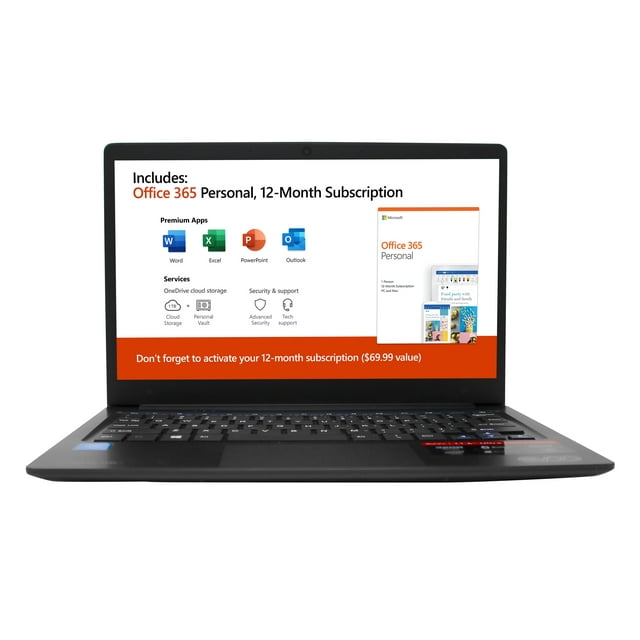 EVOO 11.6" Ultra Thin Laptop, FHD, Intel Dual Core, 32GB Storage, 4GB Memory, Mini HDMI, Front Camera, Windows 10 Home Black - Includes Office 365 Personal for One Year(A$69.99 Value)