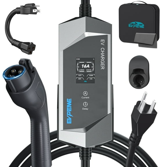EVPEIWE Level 1/2 Portable EV Charger 16A 110-240V, 25ft Cable, NEMA 6-20 Plug with 5-15 Adapter, Adjustable Current