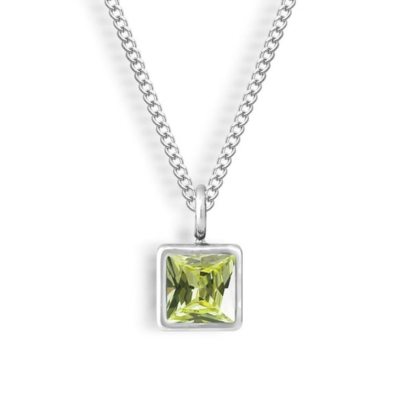 Waterproof Silver Plated Stainless Steel Faye Birthstone Necklace, Olive Green - August CZ