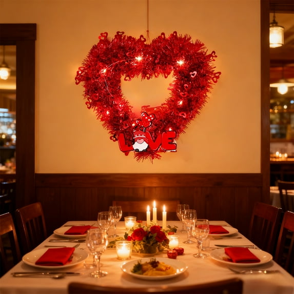 EWASWON 12.9in Valentine's Day Heart Garland, Lighted Hanging Decoration with Gnome & Fairy Lights, Waterproof Red Tinsel Wreath for Wedding Anniversary Home Party Supplies