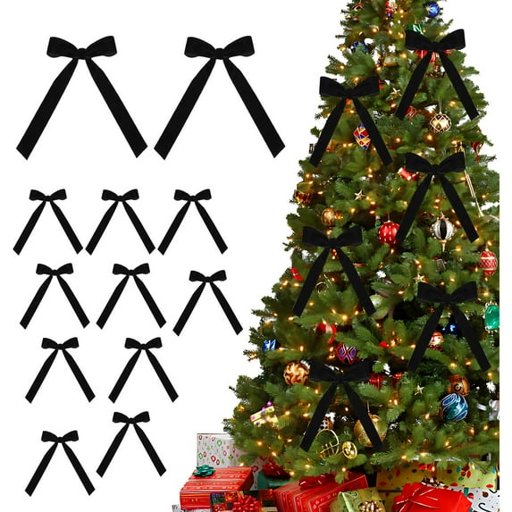 EWASWON 12 Pack Black Velvet Christmas Bows - Wide Velvet Bow Decorations for Christmas Tree, Wreath & Garland Holiday Decor