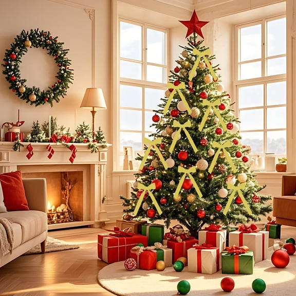 EWASWON 12 Pack Yellow Velvet Christmas Bows - Wide Velvet Tree Bows, Christmas Wreath Decorations, 12 Count Xmas Tree Ornaments