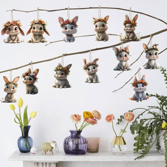 EWASWON 12 Pc Wooden Easter Bunny Hanging Ornaments, Colorful Hand-Painted Spring Bunny Decor for Easter Tree, Party, Home - 3 Inch