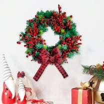 EWASWON 16 Inch Red Bow Christmas Wreath - Artificial Plastic Front Door Hanging Decor for Indoor Holiday Festive Ambiance