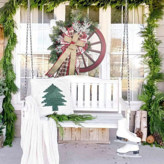 EWASWON 18 Inch Vintage Artificial Christmas Wreath with Bow Berries & Red Truck - Rustic Hand-Woven Front Door Wreath for Indoor Outdoor Wall Window Home Decor