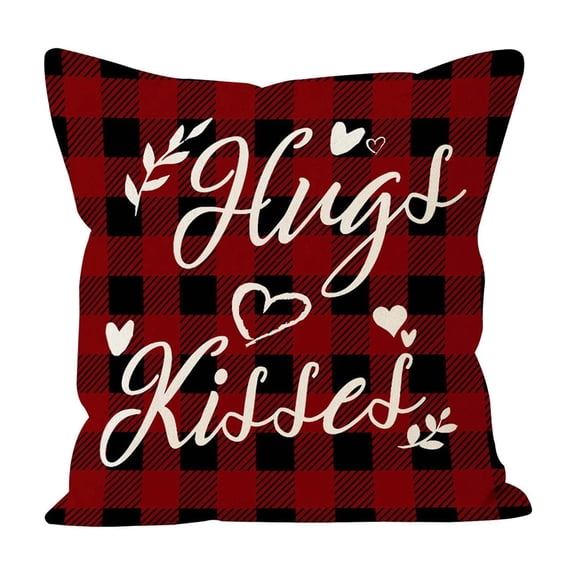 EWASWON 18x18 Buffalo Check Pillowcase, Hugs & Kisses Decorative Pillow Cover with Hearts for Sofa Bed, Washable Soft Farmhouse Valentine's Day Home Decor Gift