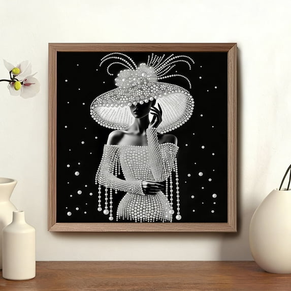 EWASWON 5D Full Round Drill Diamond Painting Kit, Vintage Lady Monochrome Wall Art, 11.8x11.8 Inch DIY Craft Decor for Beginners, Home Decoration Handmade Gift