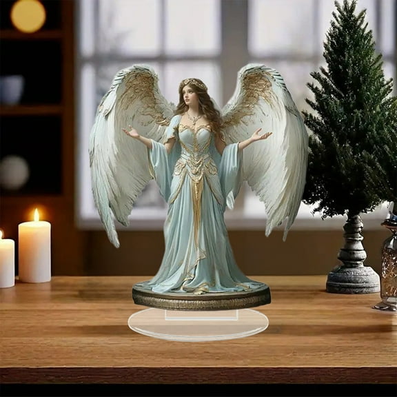 EWASWON Acrylic Display Stand with Angel Decor, Christmas Gift for Mom, Desk & Shelf Decor, Blue & Gold Angel Figure, Easter & Valentine's Day Gift